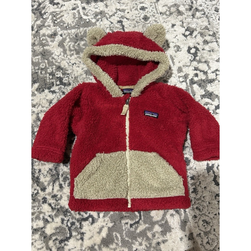 Patagonia Red Fuzzy Hooded Kids Jacket with Tan Trim